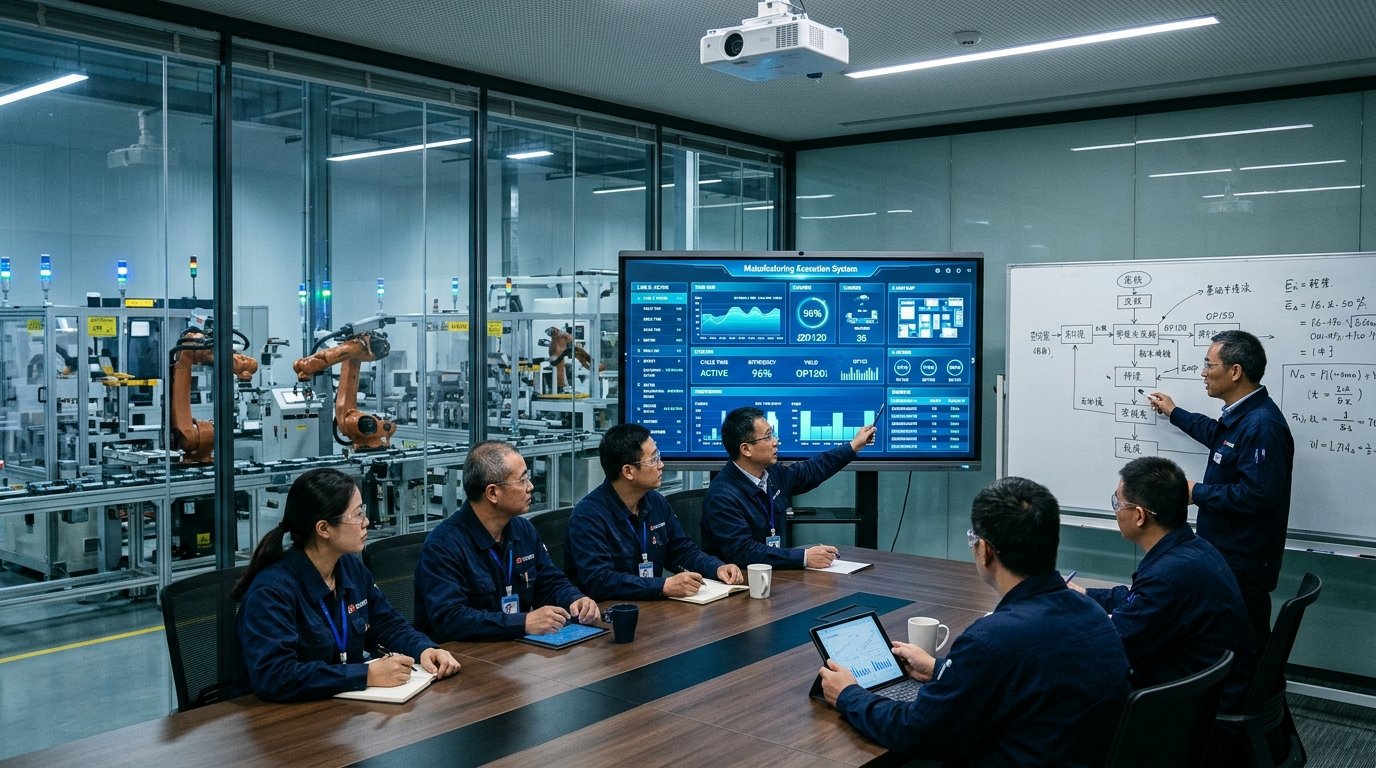 工厂会议室里工程师查看MES生产看板